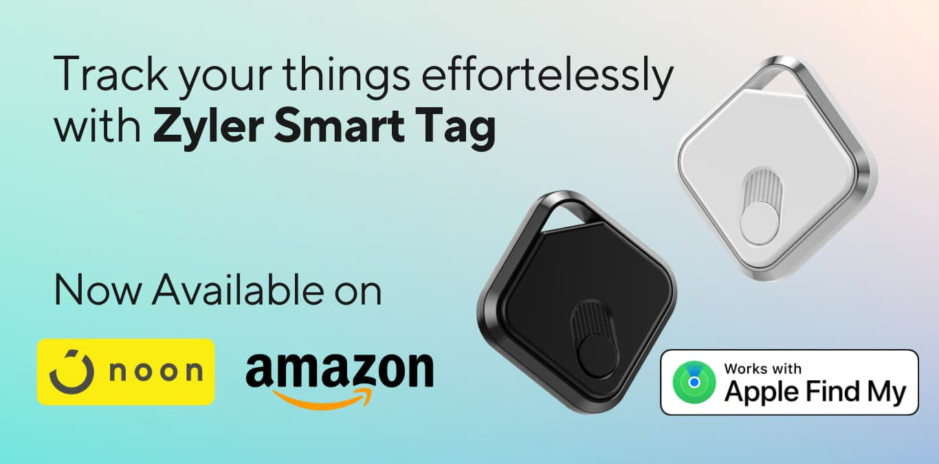 Zyler Smart Tag advertisement with two tags on a gradient background, featuring Noon, Amazon, and Apple logos.