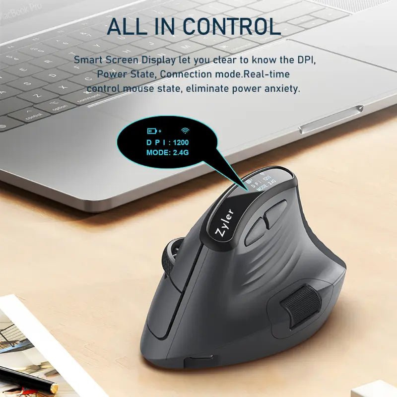 Zyler Ergonomic Vertical Mouse - Wireless Tri - Mode, Dual - Wheel, OLED Display - Zyler