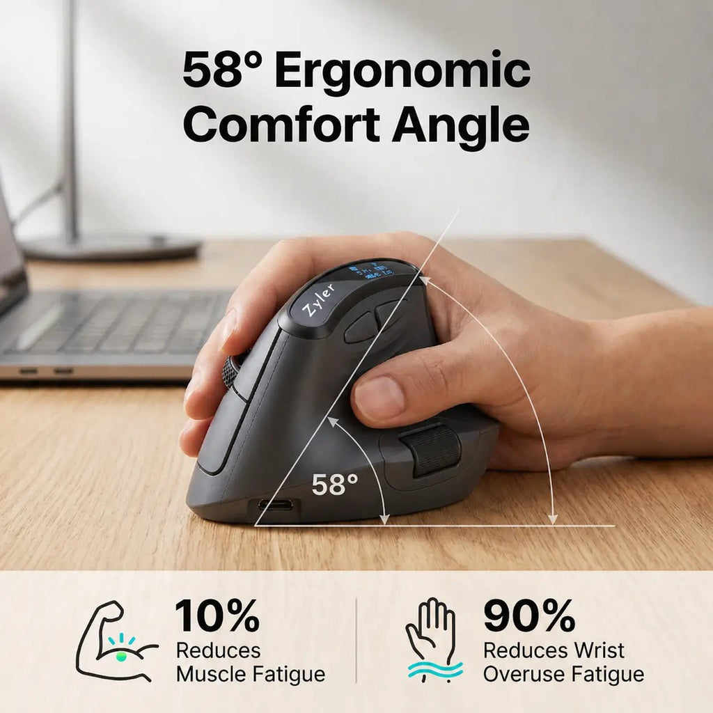 Zyler Ergonomic Vertical Mouse - Wireless Tri - Mode, Dual - Wheel, OLED Display - Zyler
