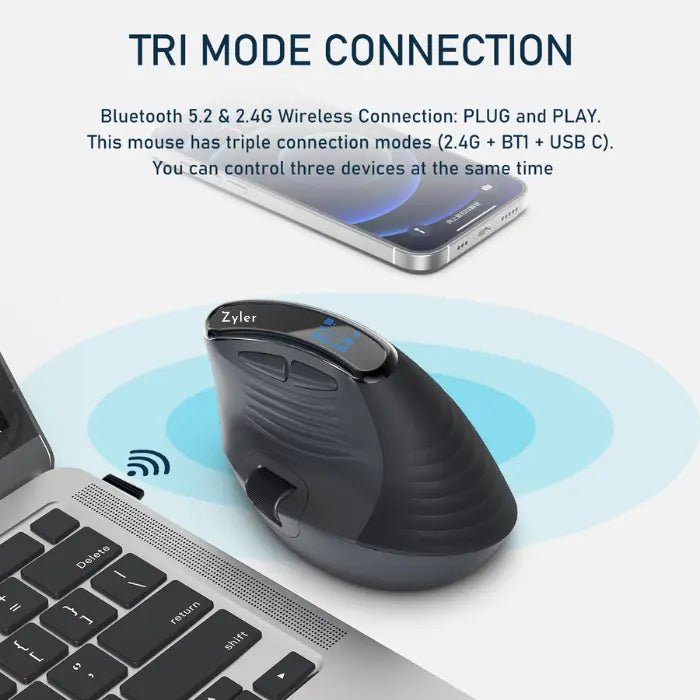 Zyler Ergonomic Vertical Mouse - Wireless Tri - Mode, Dual - Wheel, OLED Display - Zyler