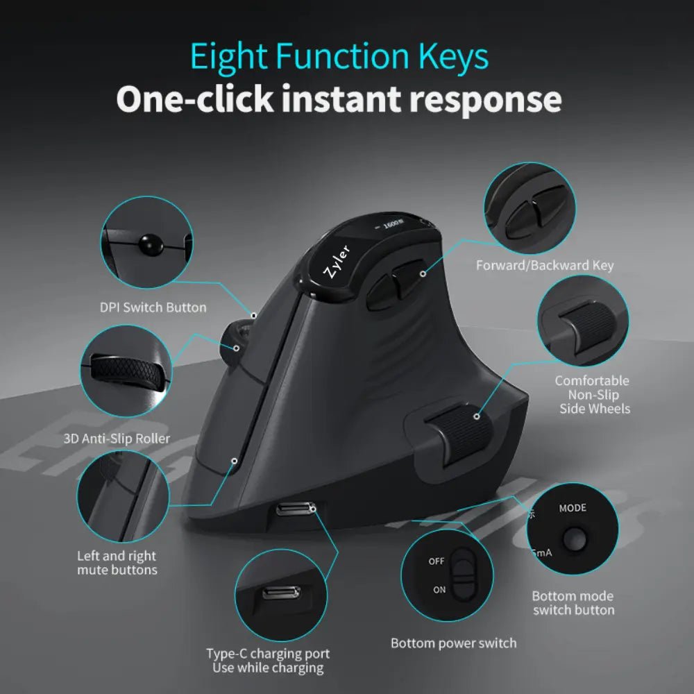 Zyler Ergonomic Vertical Mouse - Wireless Tri-Mode, Dual-Wheel, OLED Display - Zyler
