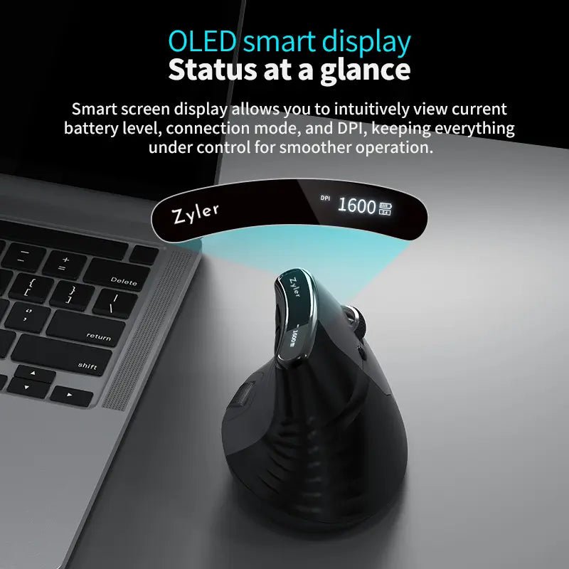 Zyler Ergonomic Vertical Mouse - Wireless Tri-Mode, Dual-Wheel, OLED Display - Zyler